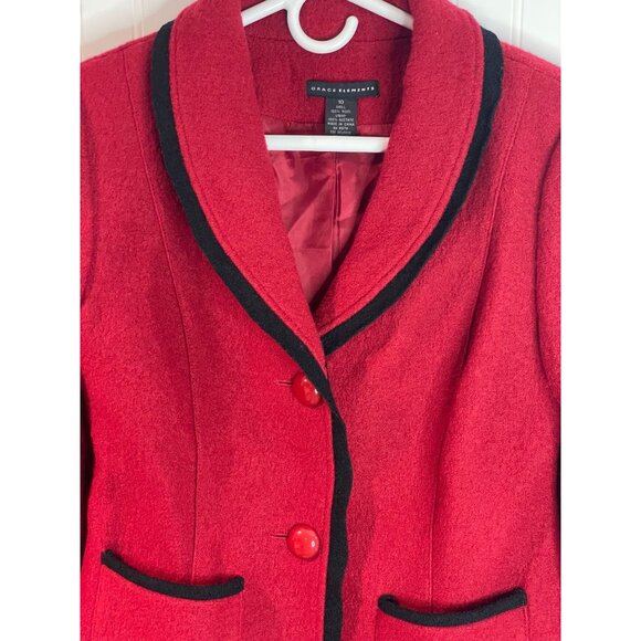 Grace Elements Womens Red Wool Blazer With Black Trim Size 10 - Picture 3 of 13